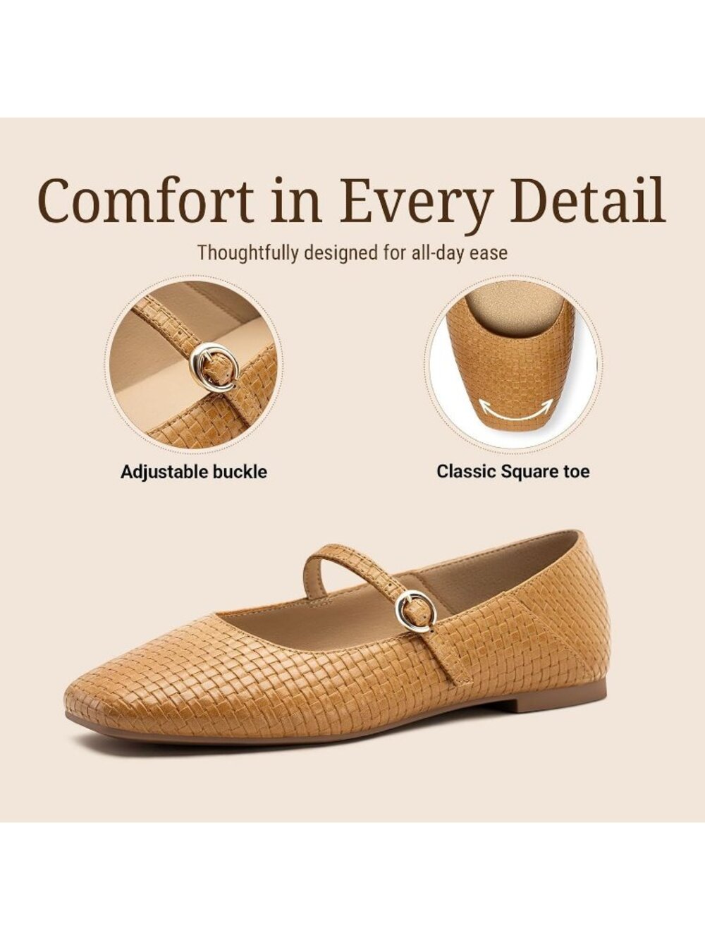 Women's Light Brown Mary Jane Non Slip Work Ballet Flats Square Closed Toe Shoes - Picture 6 of 6